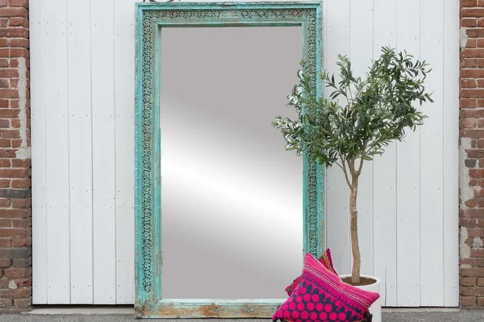 19th Century Indo-French Aqua Carved Floor Mirror (Trade)