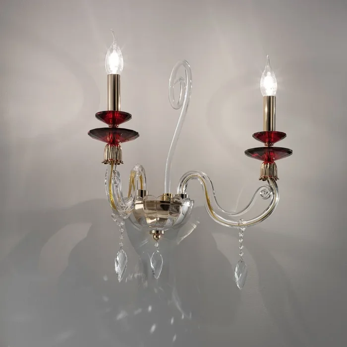 2-Light crystal Glass Wall Light with Ruby Accents