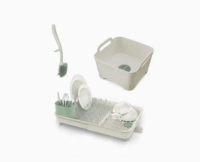 3-piece Stone Green Drainer, Washing-up Bowl & Brush Set