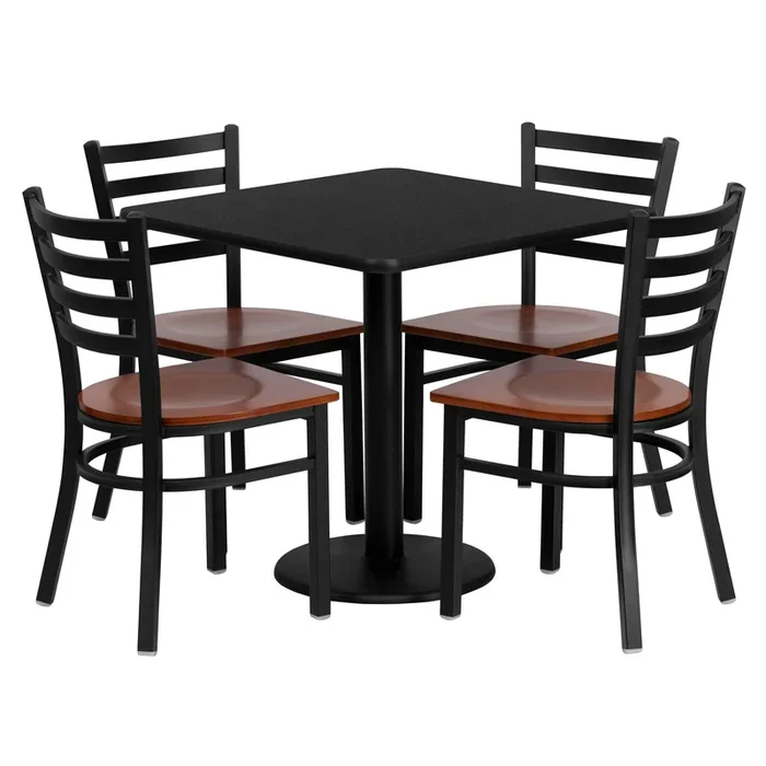 30” Square Laminate Table Set with 4 Ladder Back Metal Chairs
