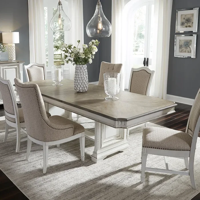 7-Piece Traditional Trestle Table Dining Set with 20″ Leaf