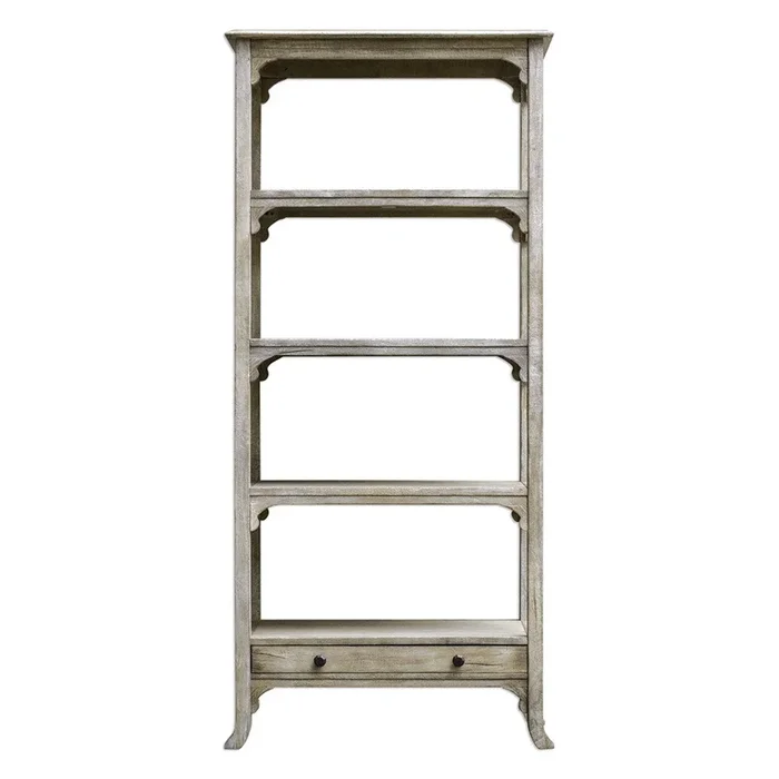 Aged White Mango Wood Etagere with Brass Hardware