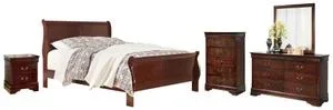 California King Sleigh Bed With Mirrored Dresser, Chest and Nightstand