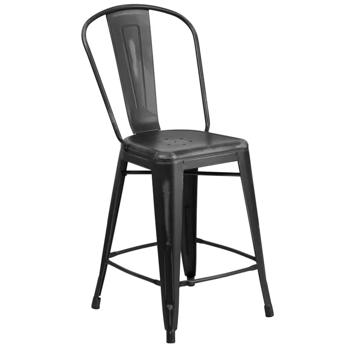 Commercial Grade 24″ High Distressed Metal Indoor-Outdoor Counter Height Stool with Back