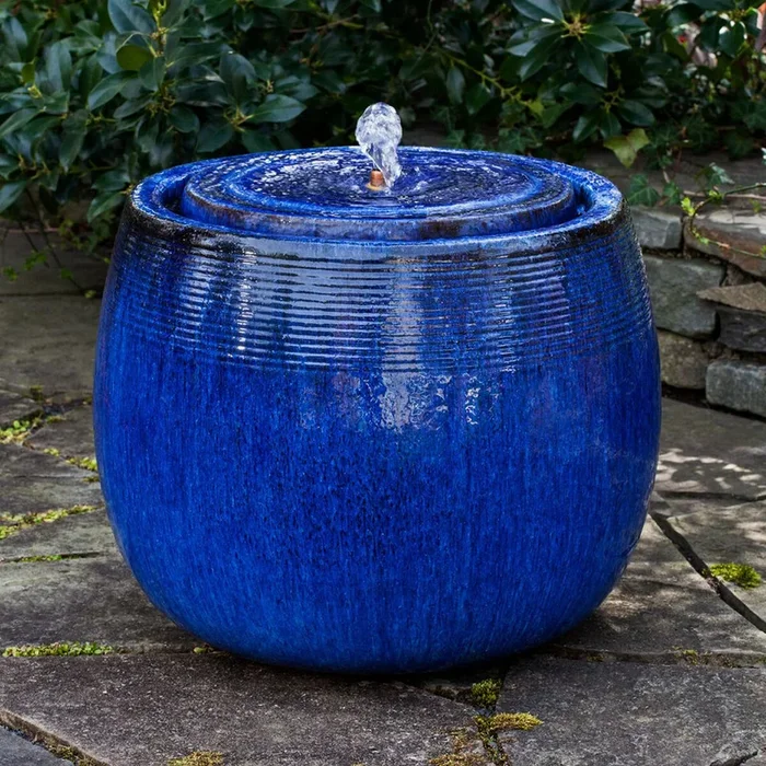 Concentric Rings Glazed Terra Cotta Fountain – Riviera Blue