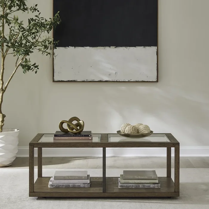 Contemporary Cocktail Table with Lower Shelf Storage and Casters