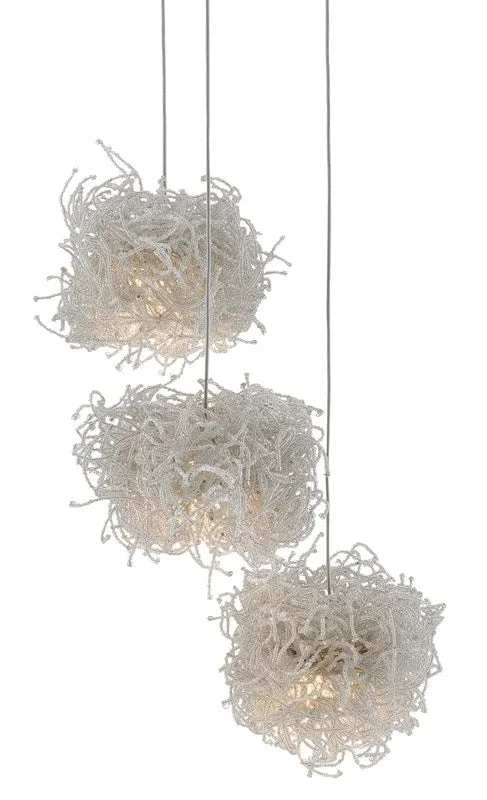 Currey and Company Birds Nest 3-Light Multi-Drop Pendant – Painted Silver/Clear