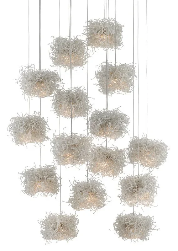 Currey and Company Birds Nest Round 15-Light Multi-Drop Pendant – Painted Silver/Clear