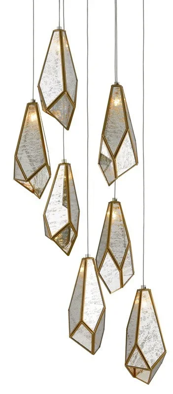Currey and Company Glace 7-Light Multi-Drop Pendant – Painted Silver/Antique Brass