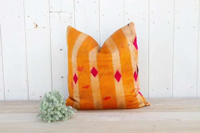 Deep Orange Silk Phulkari Pillow