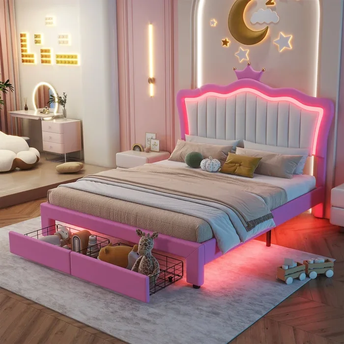 Full Size Upholstered Princess Bed Frame with LED Lights, Crown Headboard and 2 Drawers, Pink + White