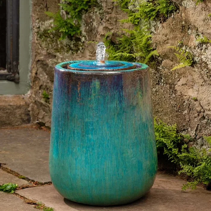 Glazed Terra Cotta Teardrop Fountain – Mediterranean Blue