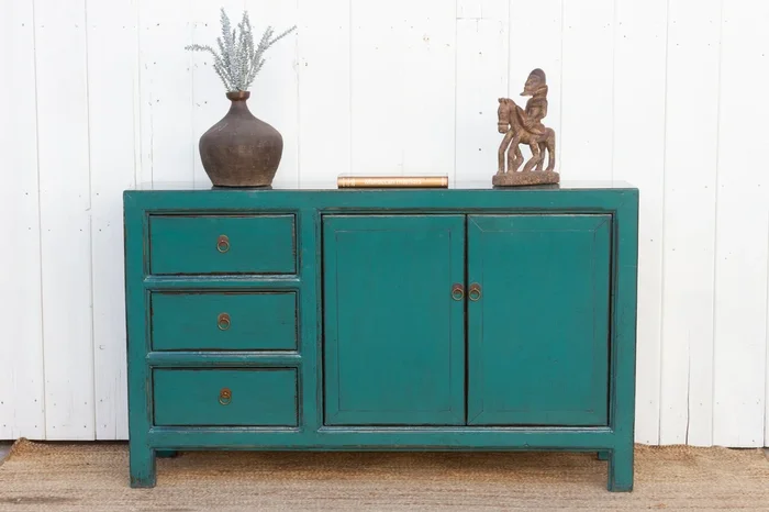 Glossy Teal Asian 3-Drawer Credenza (Trade)