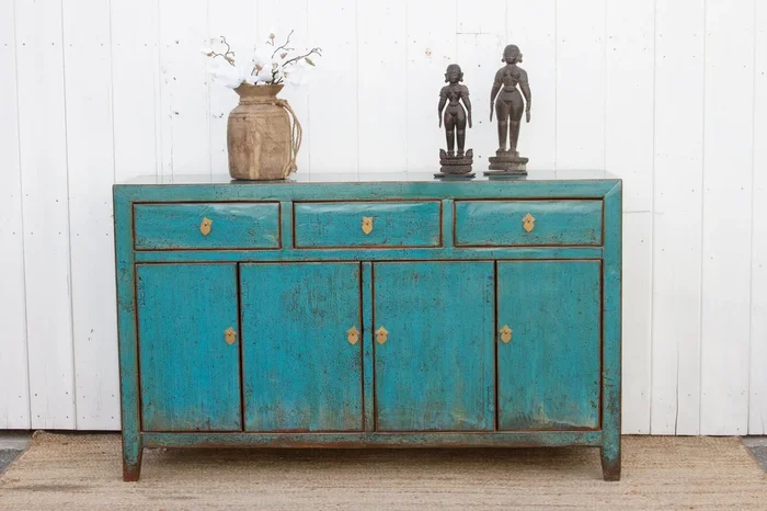 Lacquered Teal Topaz Asian Sideboard
