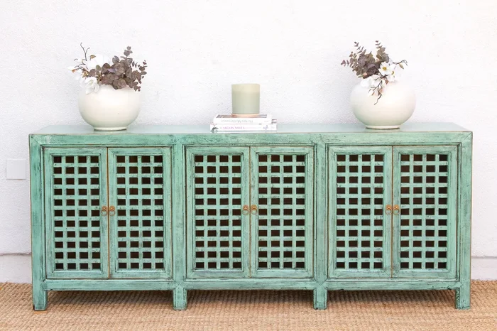 Long Oriental Jade Lattice Sideboard Cabinet (Trade)