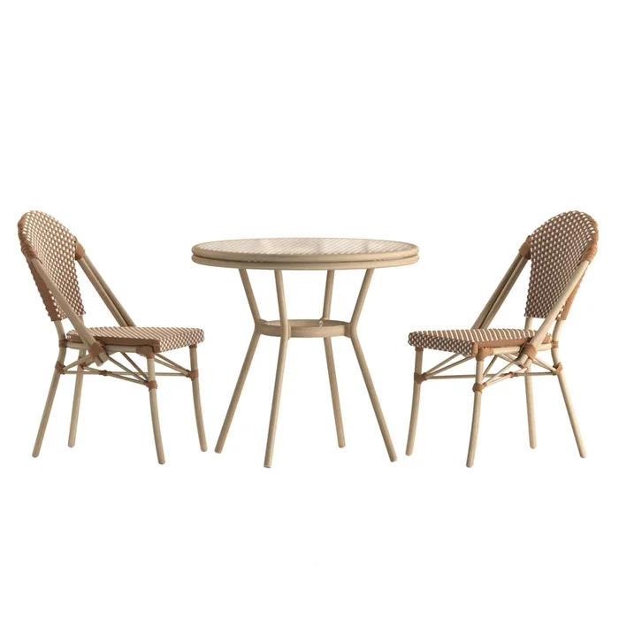 Lourdes Indoor/Outdoor Commercial Bistro 31.5″ Table, PE Rattan, Glass Top with 2 Stack Chairs