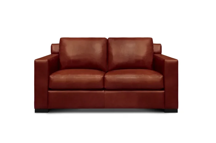 Mid-Century Modern Leather Loveseat w/Solid Block Feet