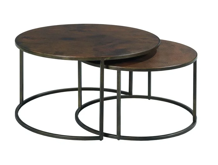 Nesting Round Cocktail Table Set with Acid Wash Hammered Copper Tops & Metal Bases