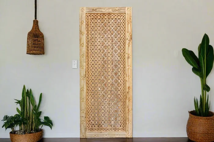 Reclaimed Bleached Carved Wood Floral Jali Door