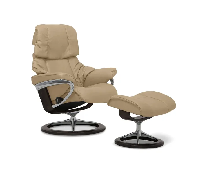 Stressless® Reno Recliner & Ottoman with Signature Base – Sand