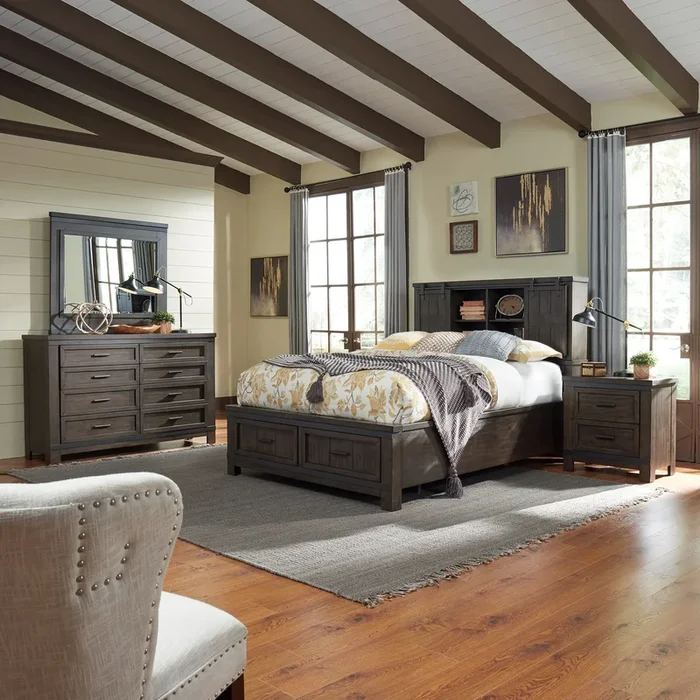 Transitional 4-Piece King Bookcase Bed with Foot Board Storage Set