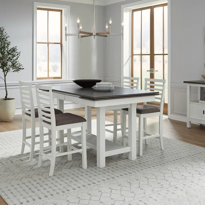 Transitional 5-Piece Gathering Trestle Table Dining Set with Ladder Back Stools