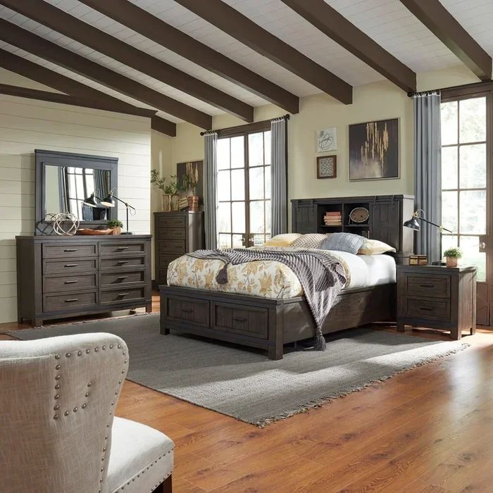 Transitional 5-Piece King Panel Bookcase Bed with Storage Footboard Set