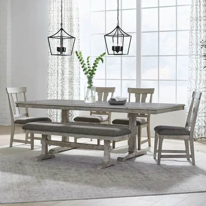 Transitional 6-pc. Trestle Dining Set w/Upholstered Bench