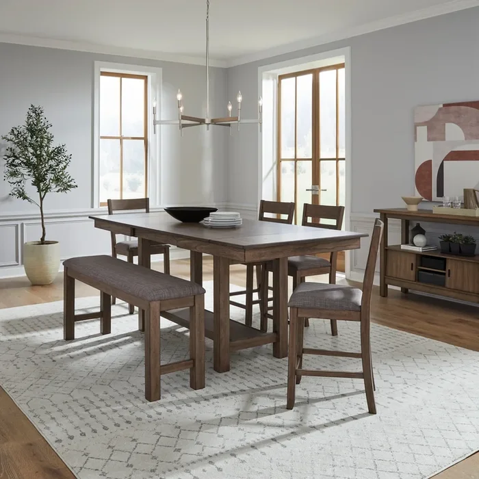 Transitional 6-Piece Gathering Trestle Table Dining Set with Slat Back Stools and Bench
