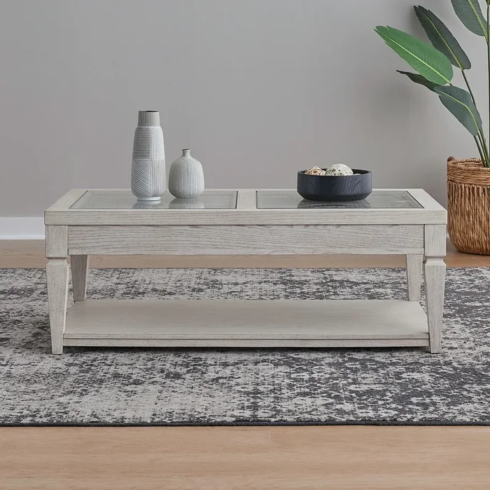 Transitional Cocktail Table with Tempered Glass Top and Casters