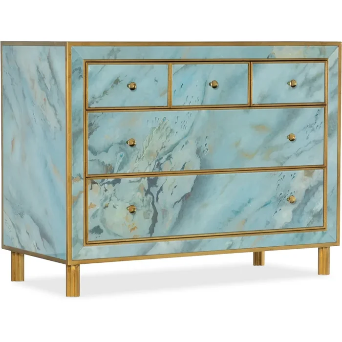 Transitional Five-Drawer Chest with Reverse Handpainted Glass