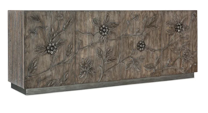 Transitional Four-Door Credenza TV Stand with Carved Flower Motif
