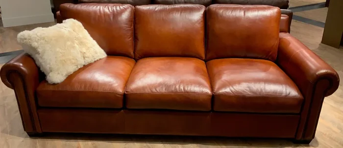 Transitional Leather Rolled Arm Sofa w/Nailheads
