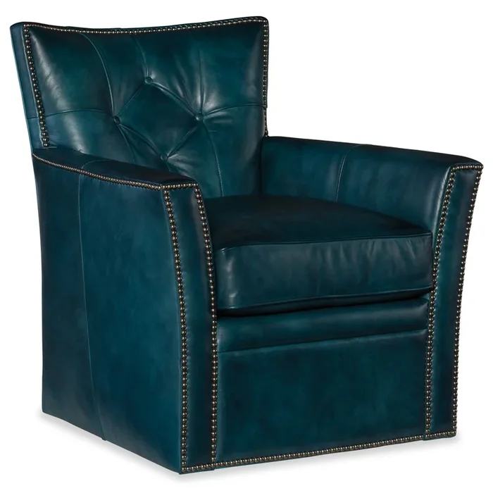 Transitional Leather Swivel Club Chair with Tufted Back and Nailheads