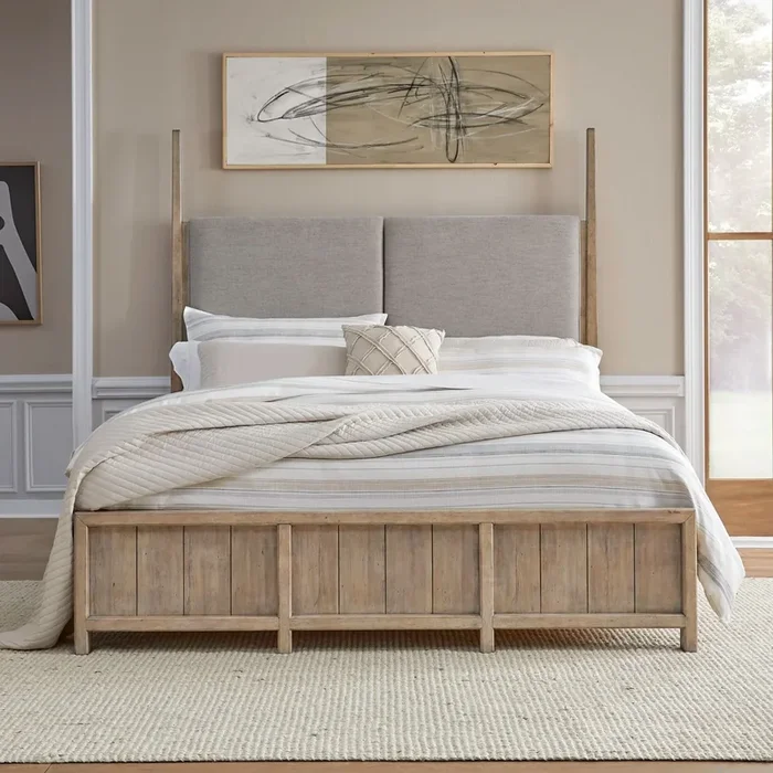 Transitional Queen Poster Bed with Upholstered Headboard