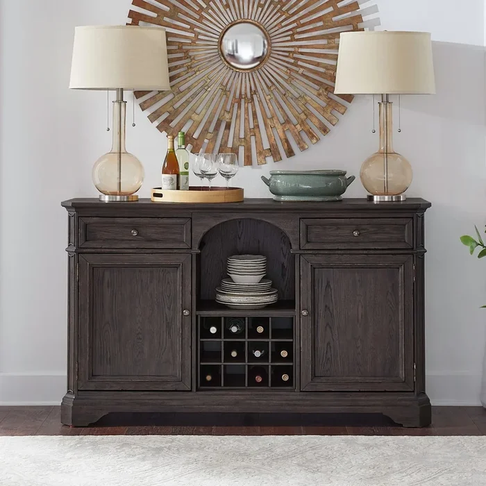 Transitional Wine Buffet with Adjustable Shelving and Felt-Lined Silverware Drawer