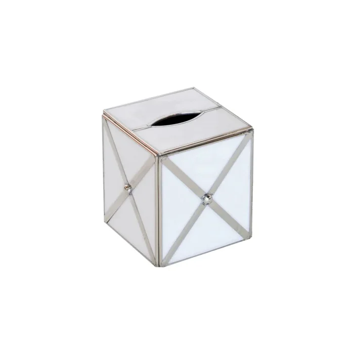 Worlds Away Tissue Box Cover – White Glass & Silver
